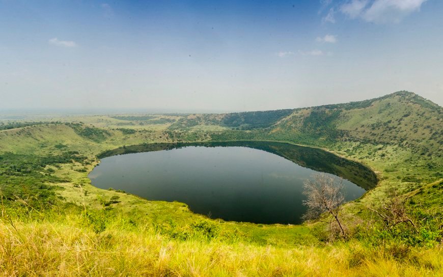 Aerial view of the park showing one of the Crater lakes in Queen Elizabeth National Park